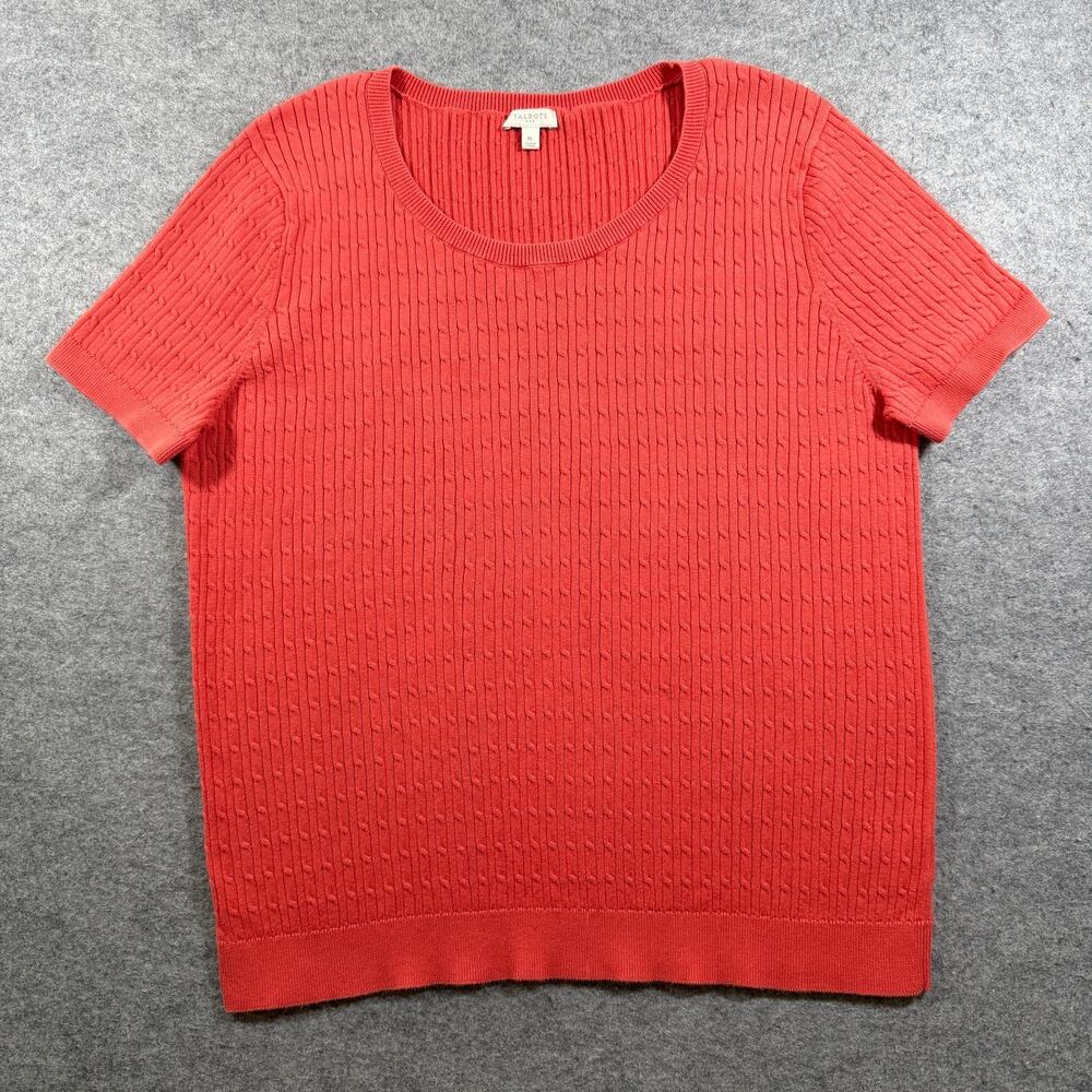 Talbots Cable Knit Sweater Womens XL Coral Short Sleeve Ribbed Crew Neck Cotton